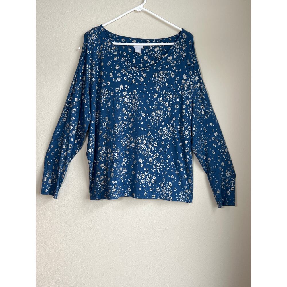 Chico’s Size 3 (US 16-18) Metallic Leopard Print V-Neck Top – Slate Blue